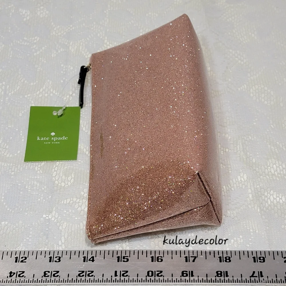 Kate Spade Clutch Makeup Bag Little Shilo Rose Gold Glitter Cosmetic Pouch NWT